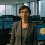 Vrouw op een rustige handelsvloer bij schermen met een vlakke Bitcoin-koerslijn
