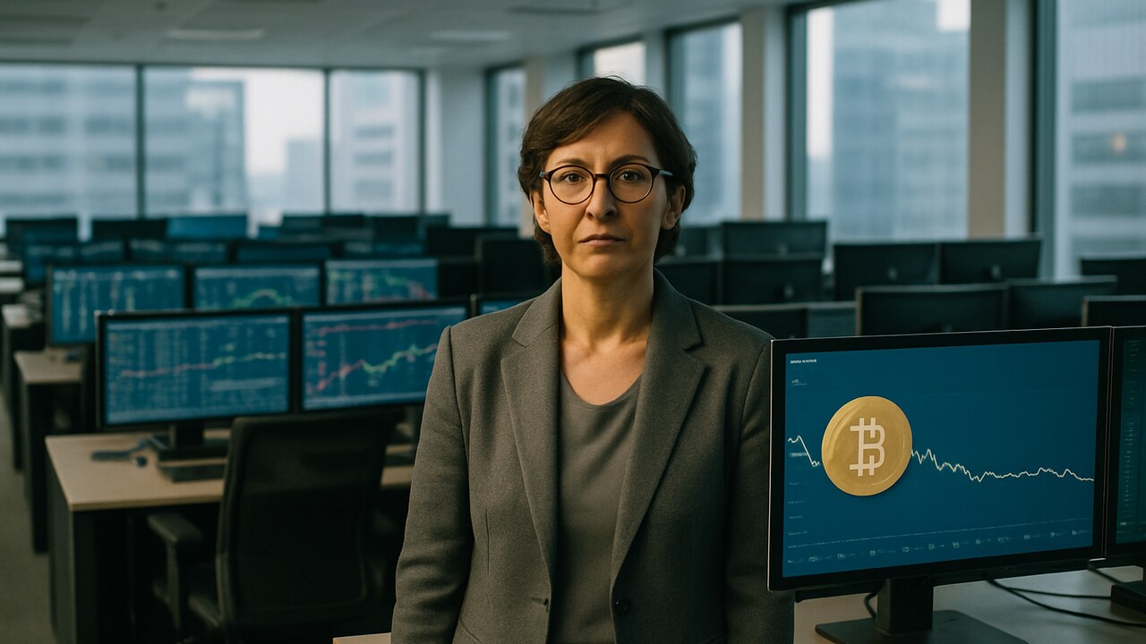 Vrouw op een rustige handelsvloer bij schermen met een vlakke Bitcoin-koerslijn