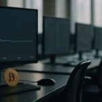 Vrijwel lege handelsvloer in de vroege ochtend met schermen die een vlakke Bitcoin-koers tonen
