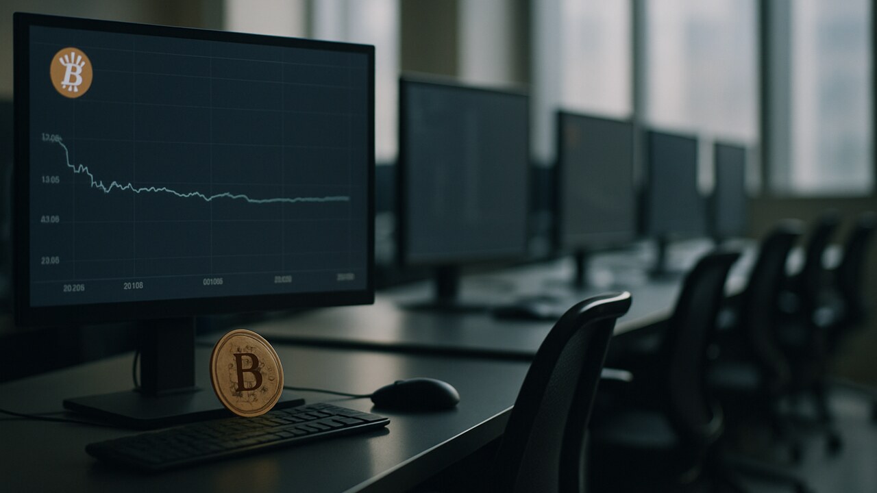 Vrijwel lege handelsvloer in de vroege ochtend met schermen die een vlakke Bitcoin-koers tonen