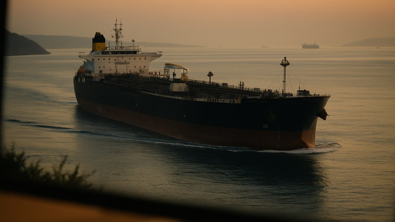 Olietanker vaart door een smalle zeestraat bij dageraad, symbool voor het naderende Hormuz-akkoord