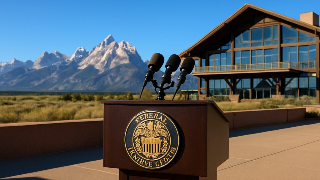 Buitenlocatie in Jackson Hole met de Teton-bergen en een spreekgestoelte, vooruitblik op de Fed-toespraak