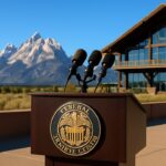 Buitenlocatie in Jackson Hole met de Teton-bergen en een spreekgestoelte, vooruitblik op de Fed-toespraak
