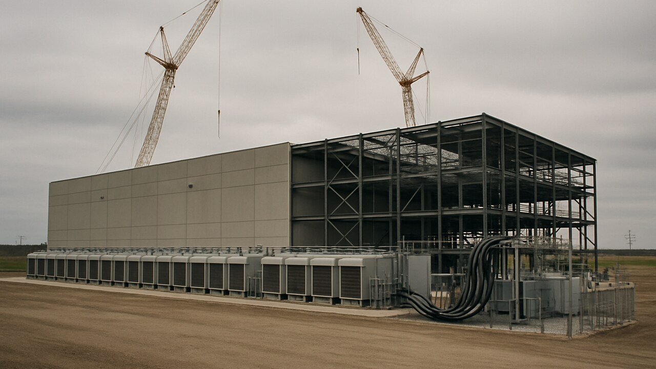 Datacenter in aanbouw in Michigan met koelunits en zware stroomaansluitingen onder een bewolkte hemel