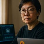 Beveiligingsonderzoekster achter een laptop met code, Bitcoin-sticker op de laptop