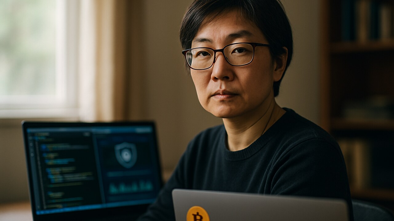 Beveiligingsonderzoekster achter een laptop met code, Bitcoin-sticker op de laptop