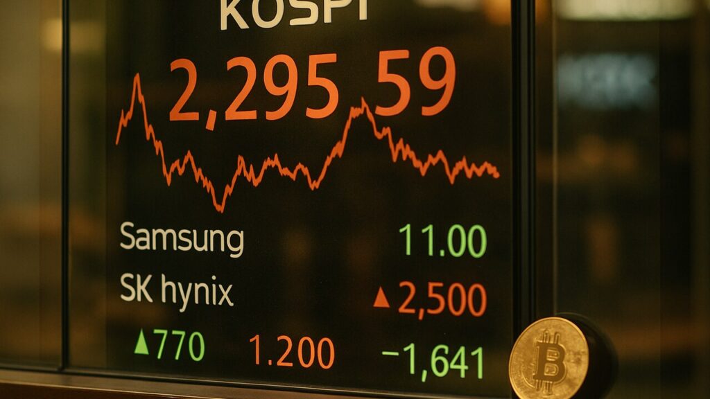 Elektronisch koersbord van de Zuid-Koreaanse beurs met sterk schommelende cijfers en een rustig liggende Bitcoin-munt op de voorgrond