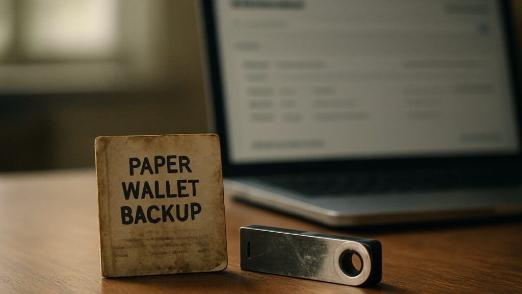 Oude papieren Bitcoin-back-up en een verouderd hardware-apparaat op een houten bureau, met op de achtergrond een laptop met een blockchain-verkenner