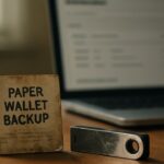 Oude papieren Bitcoin-back-up en een verouderd hardware-apparaat op een houten bureau, met op de achtergrond een laptop met een blockchain-verkenner