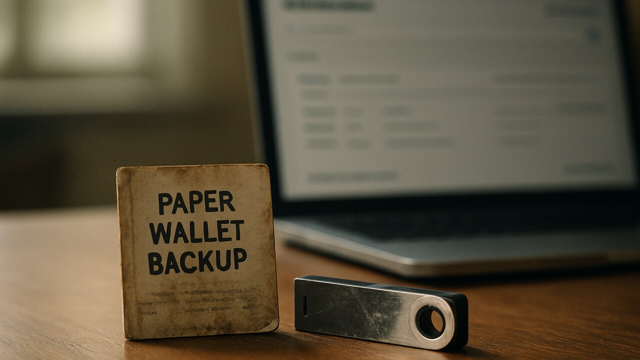 Oude papieren Bitcoin-back-up en een verouderd hardware-apparaat op een houten bureau, met op de achtergrond een laptop met een blockchain-verkenner