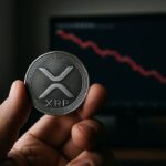 Een hand houdt een fysieke XRP-munt vast voor een scherm met een dalende rode koersgrafiek