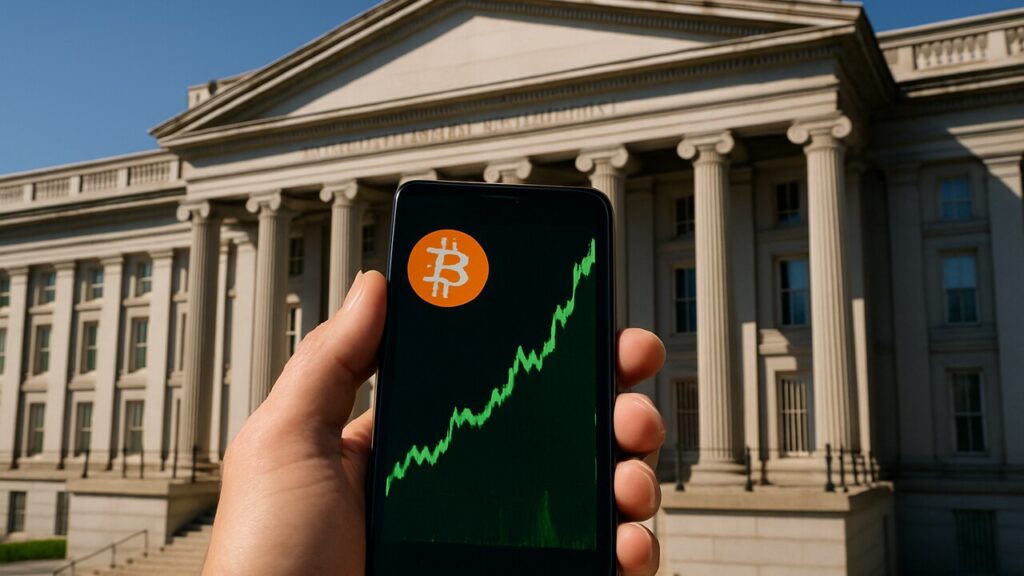 Gevel van het Amerikaanse ministerie van Financi
een met op de voorgrond een telefoon die een stijgende groene Bitcoin-grafiek toont