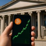 Gevel van het Amerikaanse ministerie van Financi
een met op de voorgrond een telefoon die een stijgende groene Bitcoin-grafiek toont