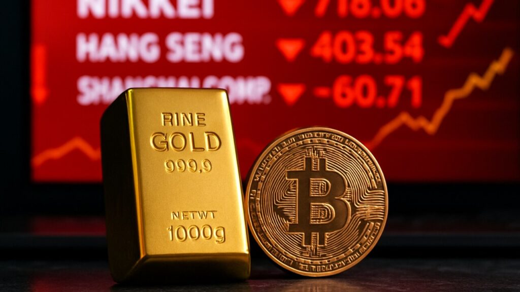 Een gouden baar en een Bitcoin-munt voor een rood gekleurd beursscherm met dalende Aziatische aandelen