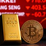 Een gouden baar en een Bitcoin-munt voor een rood gekleurd beursscherm met dalende Aziatische aandelen