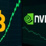 Bitcoin-logo met stijgende groene koersgrafiek naast het Nvidia-logo op beeldschermen