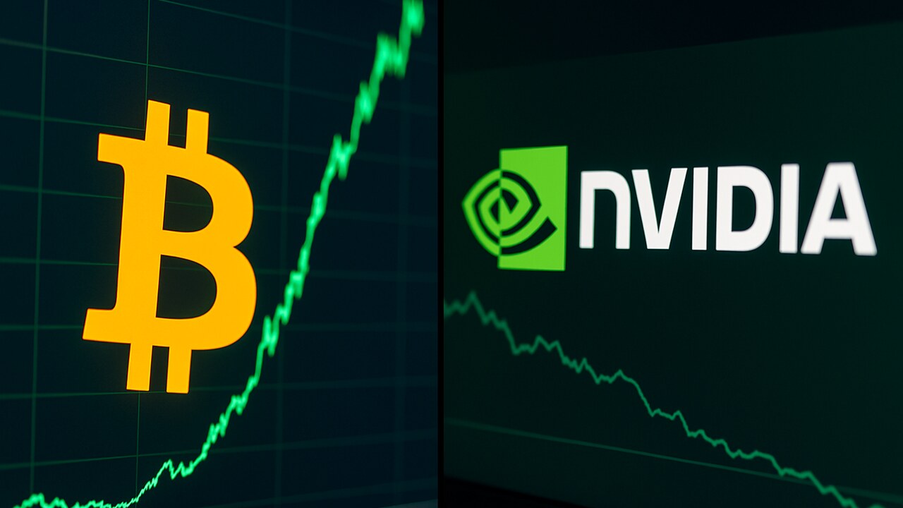 Bitcoin-logo met stijgende groene koersgrafiek naast het Nvidia-logo op beeldschermen