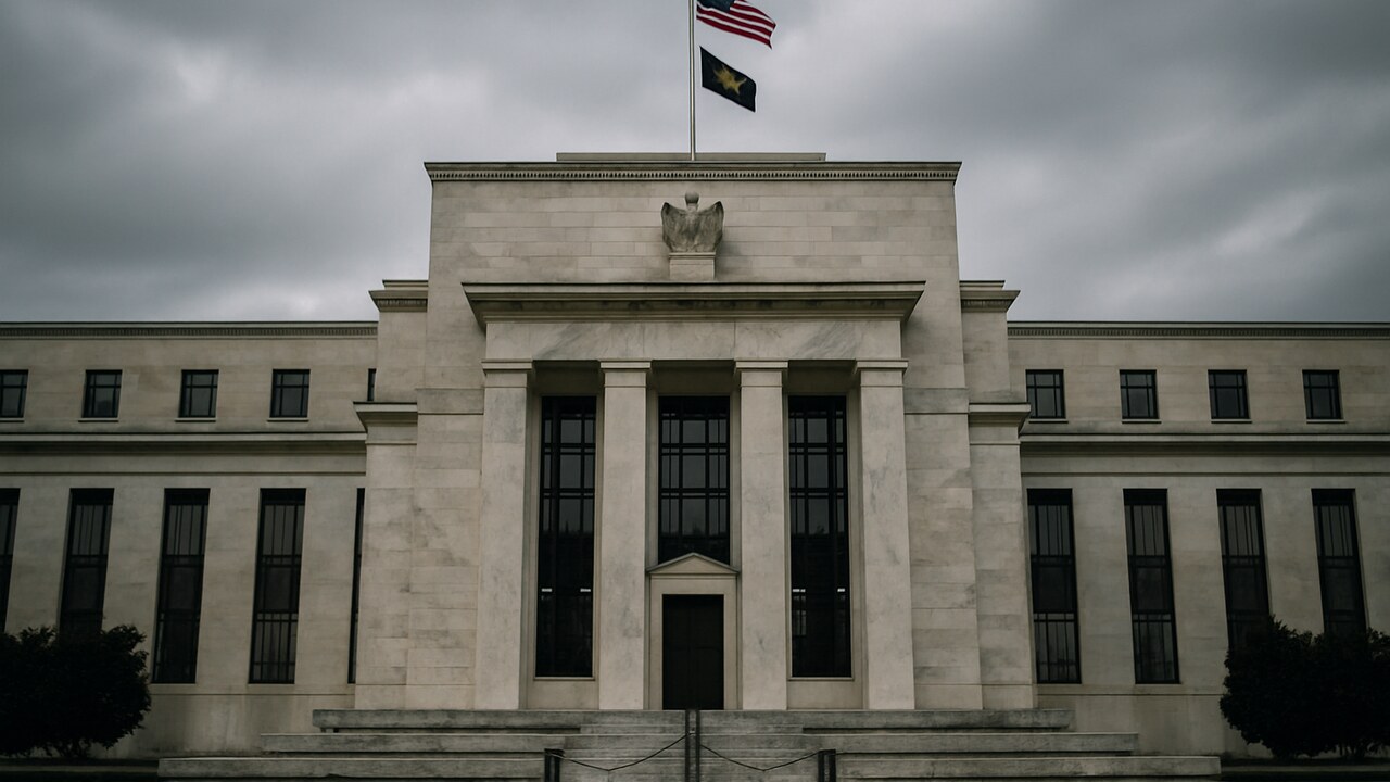 Het gebouw van de Amerikaanse Federal Reserve in Washington met vlag onder bewolkte lucht
