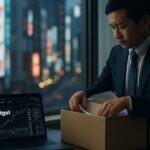Kantoor in Tokio met een laptop die het Bitget-logo toont, terwijl een medewerker spullen inpakt