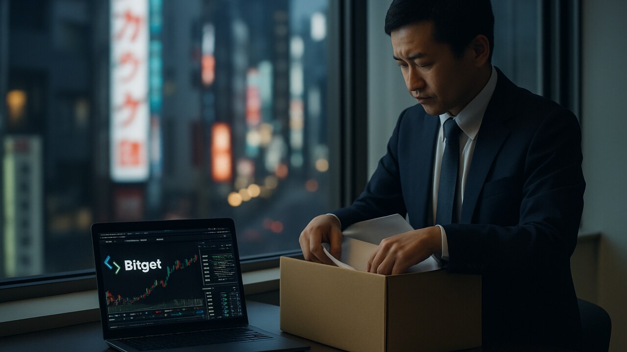 Kantoor in Tokio met een laptop die het Bitget-logo toont, terwijl een medewerker spullen inpakt