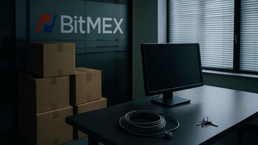 Half leeggeruimd kantoor met verhuisdozen en het BitMEX-logo op een glazen wand, symbool voor de afgeketste verkoop.
