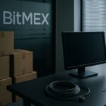 Half leeggeruimd kantoor met verhuisdozen en het BitMEX-logo op een glazen wand, symbool voor de afgeketste verkoop.