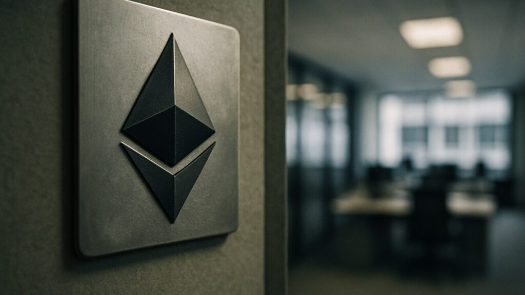 Ethereum-logo op een plaquette aan een kantoormuur van een bedrijf