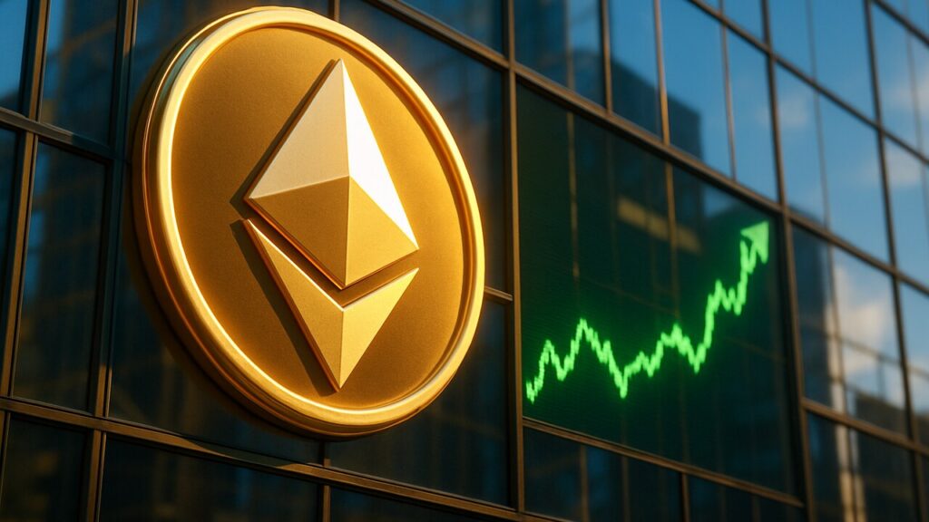 Groot verlicht Ethereum-logo op een gevel, met een oplopende groene koersweergave ernaast
