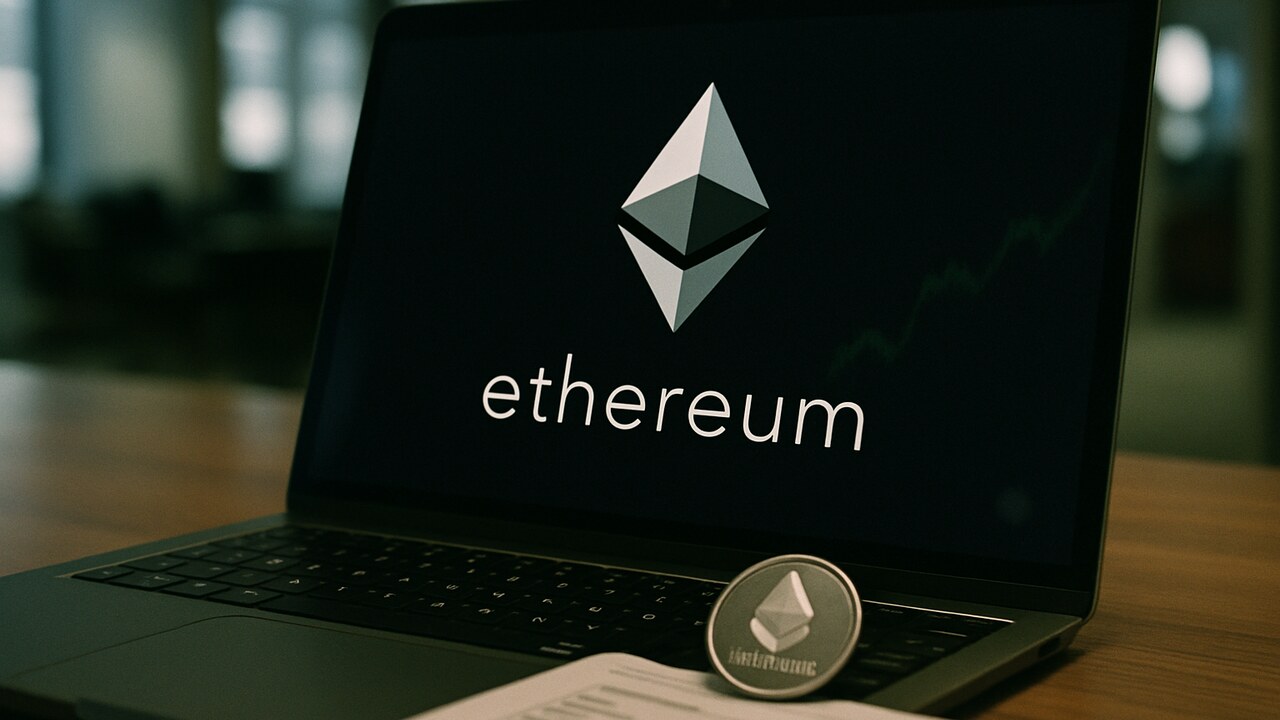 Ethereum-logo op een laptopscherm met een fysieke ETH-munt op een bureau in een bedrijfskantoor