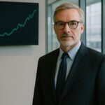 Zakelijke bestuurder in een Amerikaans kantoor met op de achtergrond een scherm met het Ethereum-logo en een groene koerslijn