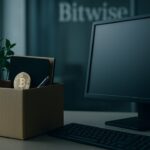 Leeggeruimd bureau met verhuisdoos in een crypto-kantoor, met vaag het Bitwise-logo op de achtergrond