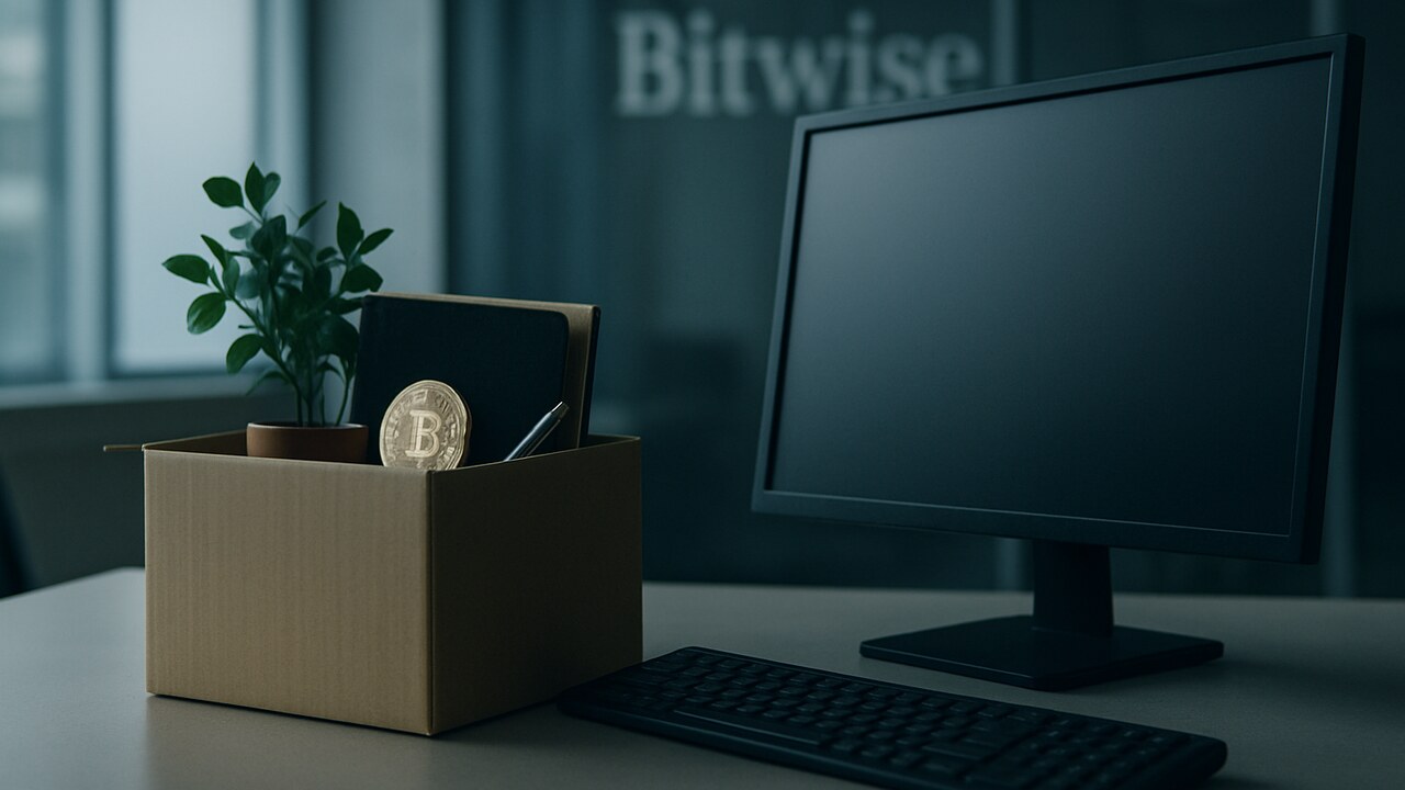 Leeggeruimd bureau met verhuisdoos in een crypto-kantoor, met vaag het Bitwise-logo op de achtergrond