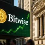 Bitwise-logo op een groot buitenscherm bij de beurs met een stijgende groene grafiek