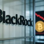 Het BlackRock-logo op een kantoormuur met op de achtergrond een dalende rode Bitcoin-koersgrafiek op een scherm.