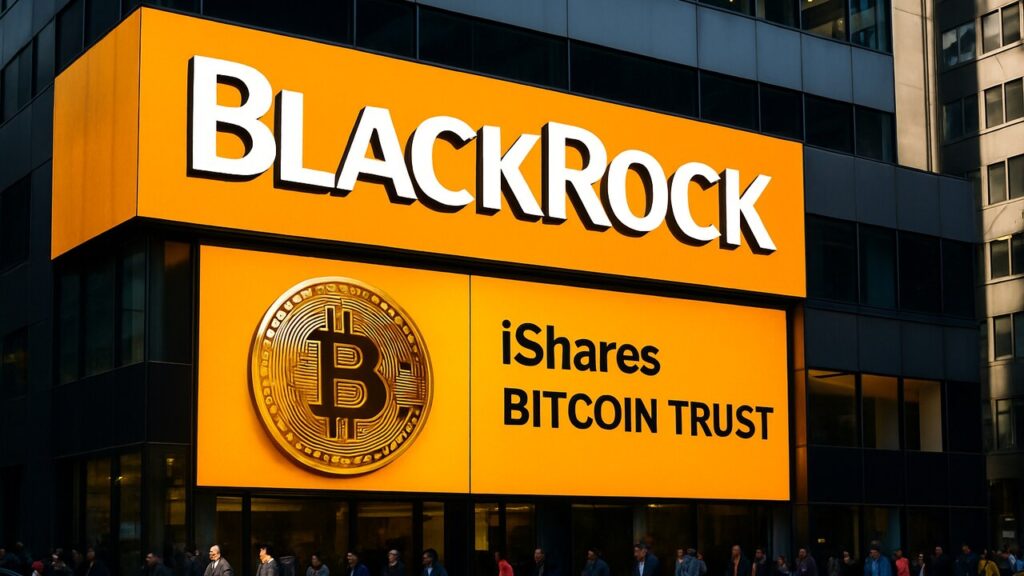 Het BlackRock-logo groot en herkenbaar op een gevel, symbool voor de verlaagde instapdrempel van zijn Bitcoin ETF