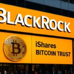 Het BlackRock-logo groot en herkenbaar op een gevel, symbool voor de verlaagde instapdrempel van zijn Bitcoin ETF