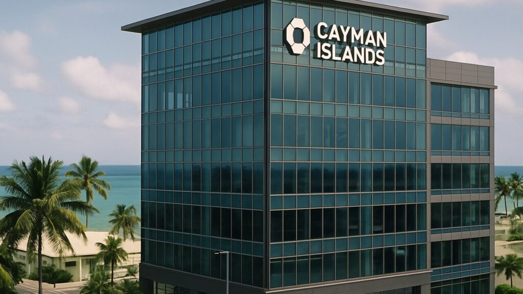 Modern kantoorgebouw in het financiele district van de Kaaimaneilanden met palmbomen en de Caribische kust op de achtergrond
