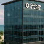 Modern kantoorgebouw in het financiele district van de Kaaimaneilanden met palmbomen en de Caribische kust op de achtergrond