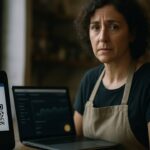 Winkelier achter toonbank met een bitcoin-betaalterminal en laptop, bezorgde blik
