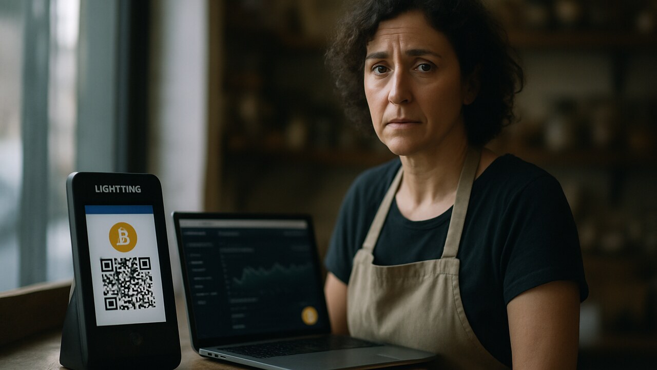 Winkelier achter toonbank met een bitcoin-betaalterminal en laptop, bezorgde blik