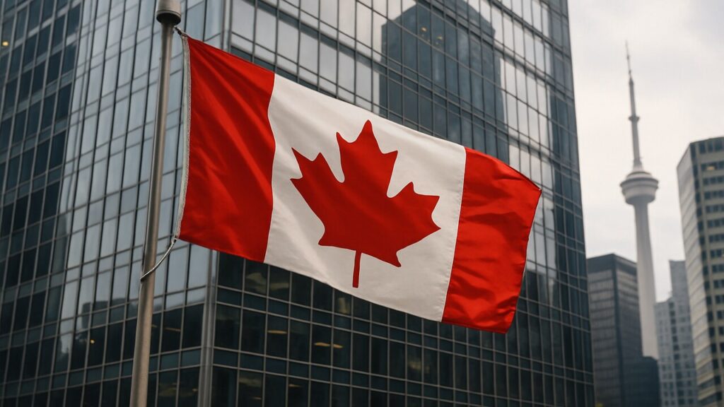 De Canadese vlag wappert voor een modern kantoorgebouw in het financiële district van Toronto