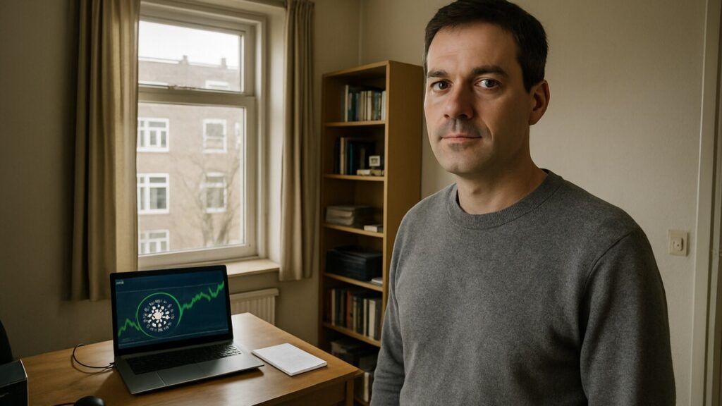 Man in thuiskantoor kijkt naar de camera met een stijgende groene Cardano-koersgrafiek op een scherm achter hem