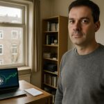 Man in thuiskantoor kijkt naar de camera met een stijgende groene Cardano-koersgrafiek op een scherm achter hem