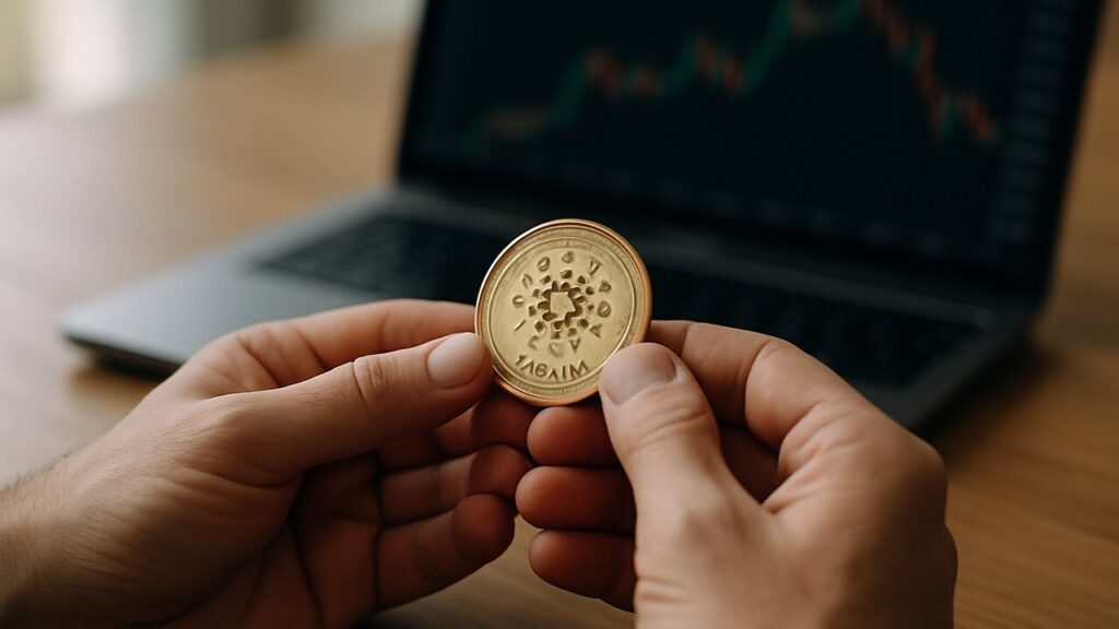 Handen houden een fysieke Cardano ADA-munt vast bij een laptop met een koersgrafiek