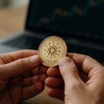 Handen houden een fysieke Cardano ADA-munt vast bij een laptop met een koersgrafiek