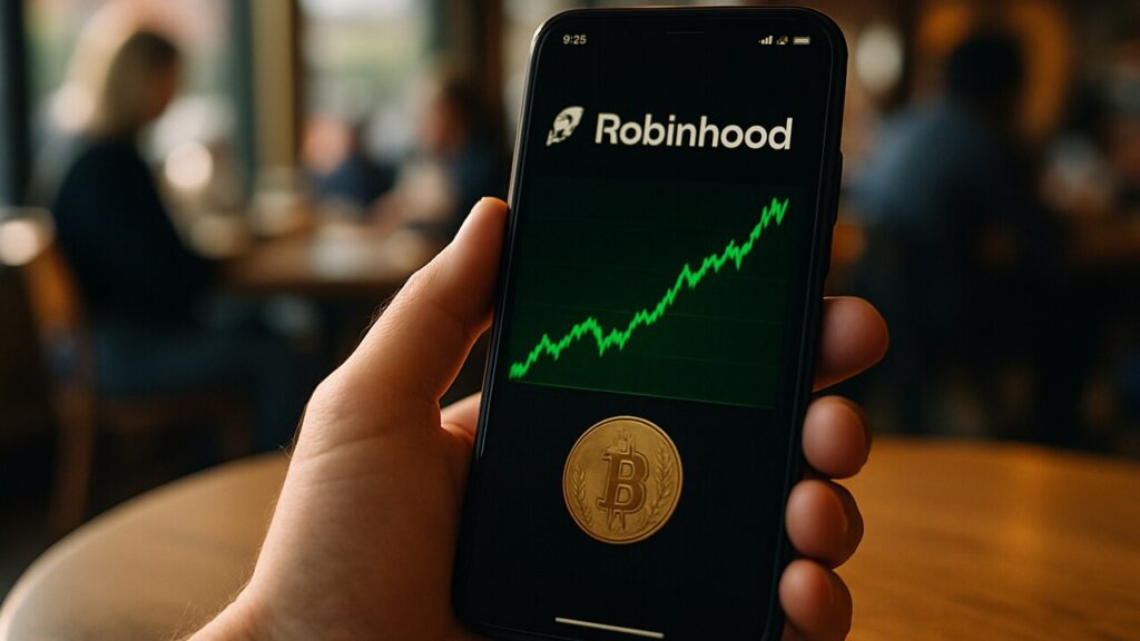 Smartphone met de Robinhood-app en een groene stijgende cryptokoers op een cafetafel bij daglicht