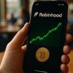Smartphone met de Robinhood-app en een groene stijgende cryptokoers op een cafetafel bij daglicht