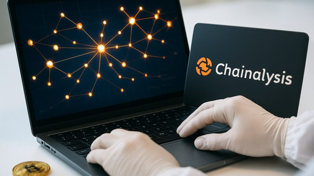 Handen bij een laptop met een helder netwerkschema van transacties en het Chainalysis-logo zichtbaar
