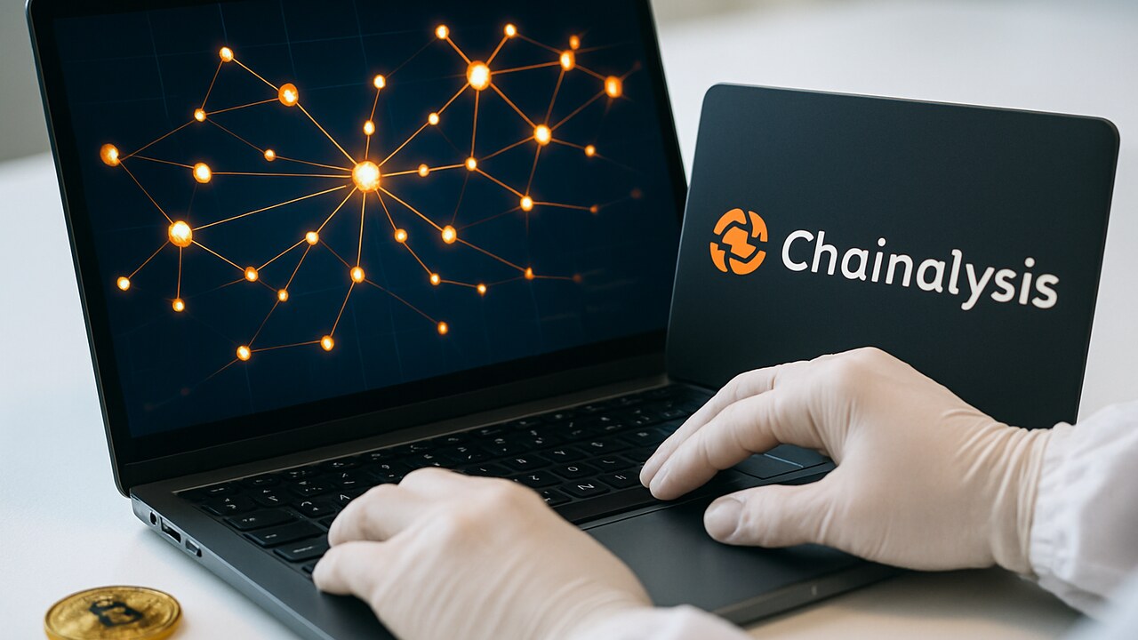 Handen bij een laptop met een helder netwerkschema van transacties en het Chainalysis-logo zichtbaar