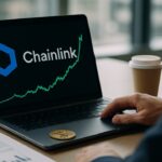 Laptop met het Chainlink-logo en een stijgende koersgrafiek op een bureau in een bankkantoor